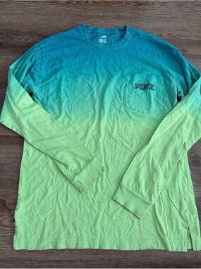 PINK Victoria's Secret Teal-to-Lime Ombre Long Sleeve Pocket Tee